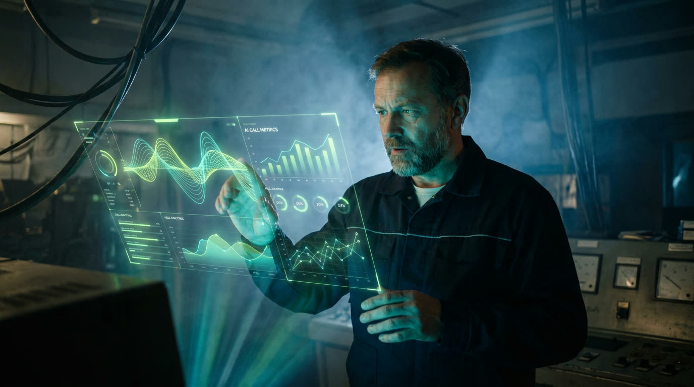 Engineer working with a floating holographic data interface in a dark control room
