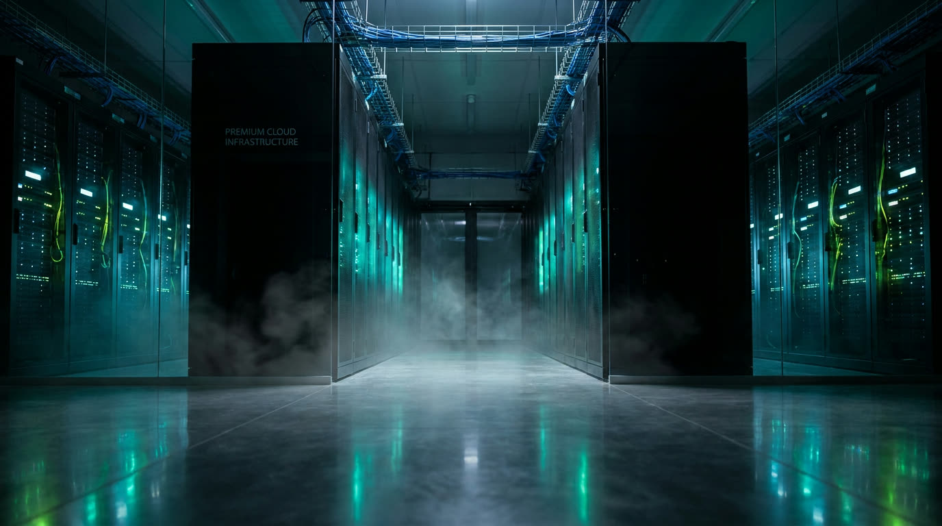 Rows of server racks receding into a data centre lit with teal and lime light