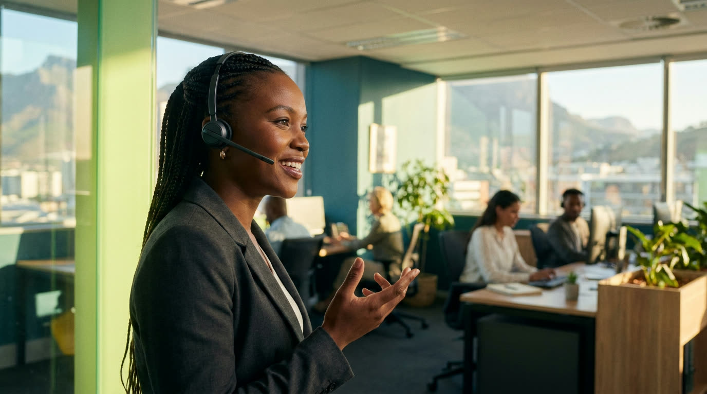 Businesswoman on a wireless headset in a modern Cape Town office