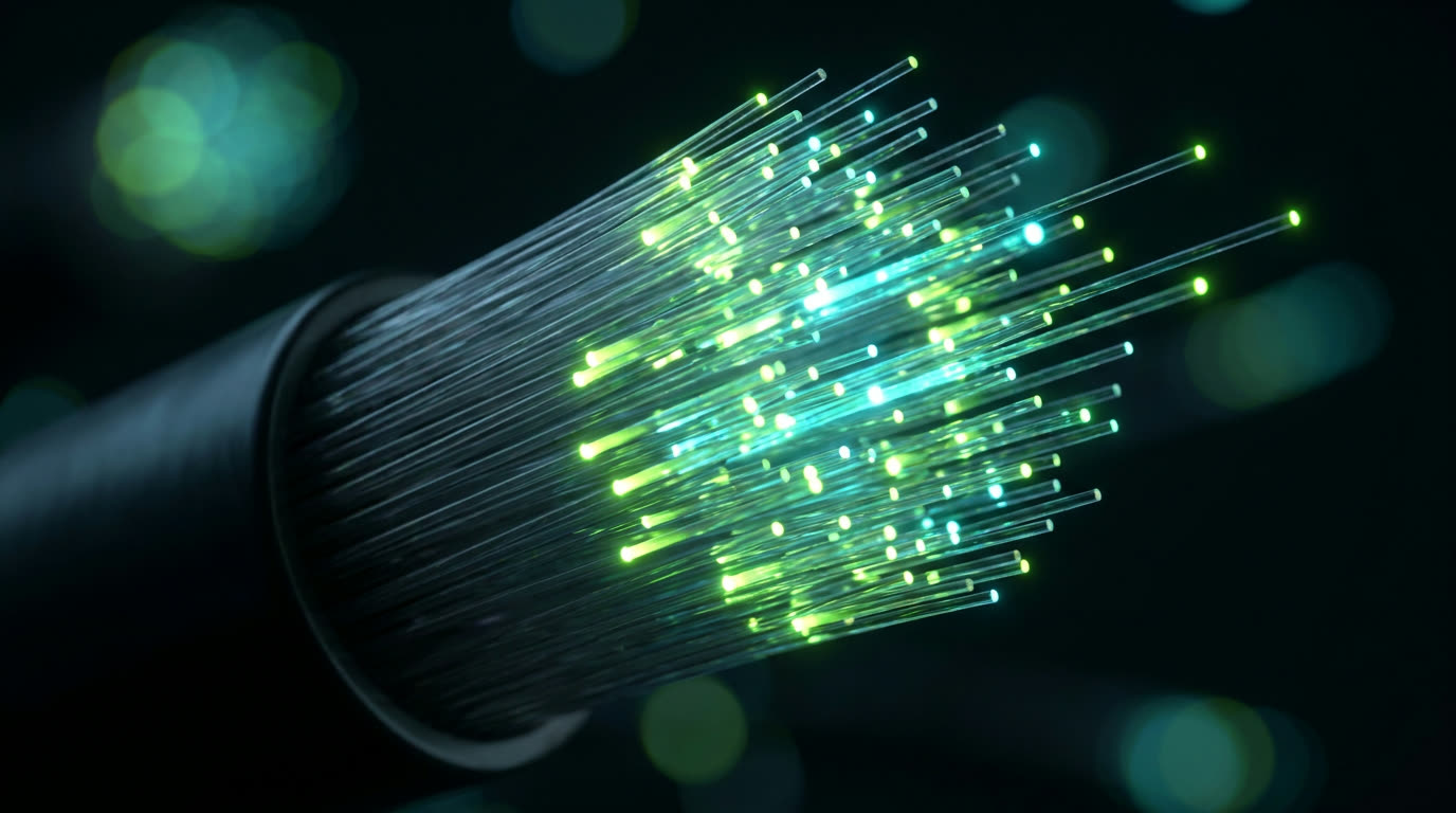 Macro shot of glowing fibre-optic strands carrying lime-green light