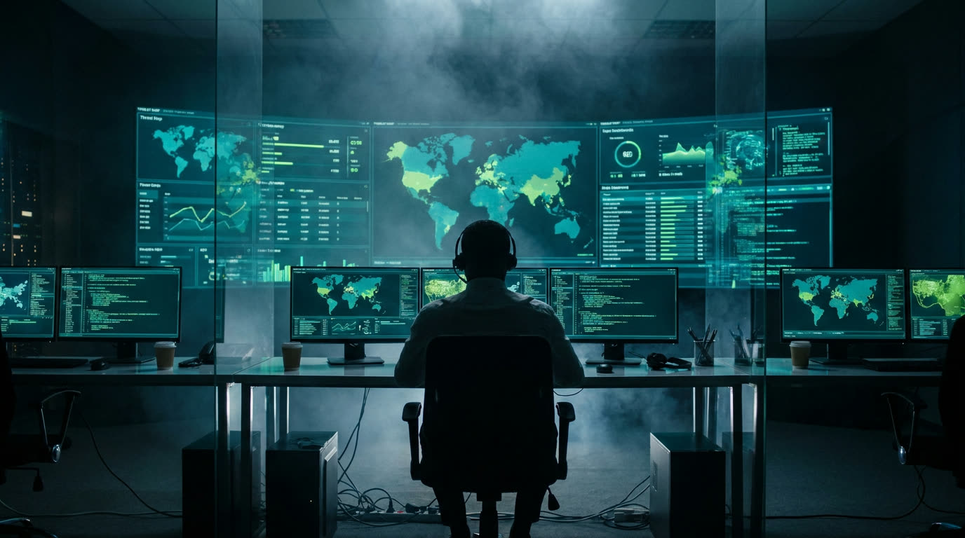 Analyst silhouetted against a wall of threat-map monitors in a security operations centre